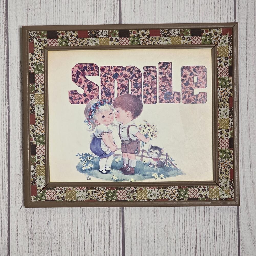 Vintage 70s SMILE Nursery Wall Art Calico Patchwork Frame Cottagecore, 12.5x10.5